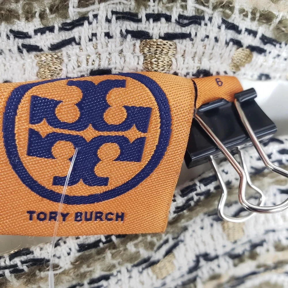 Tory Burch Metallic Tweed Snakeskin Leather Trim Pencil Skirt Women Size 6 Gold